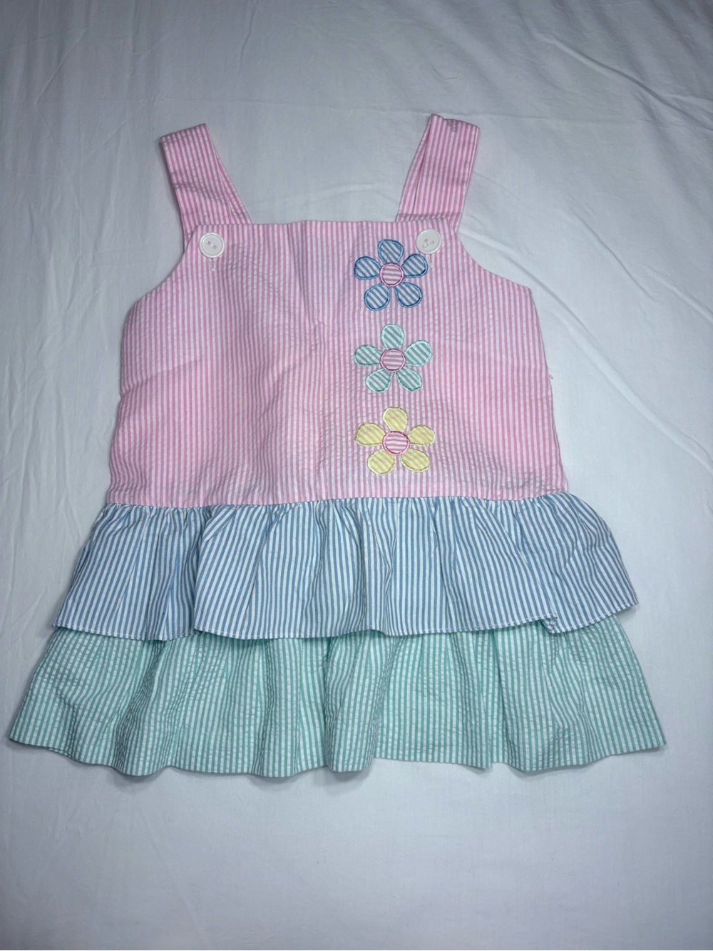 Girls Pink Striped Tiered Sundress with Flower Appliqués